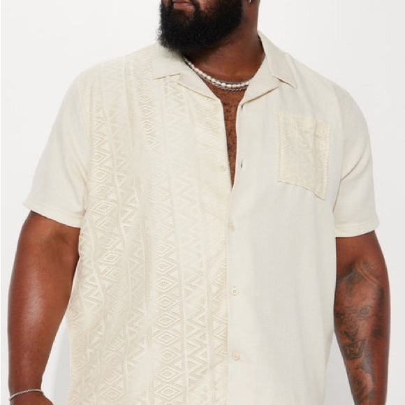 Fashion Nova Other - Fashion Nova Men Half Crochet Pattern Short Sleeve Buttom Up Shirt Cream SizeXXL